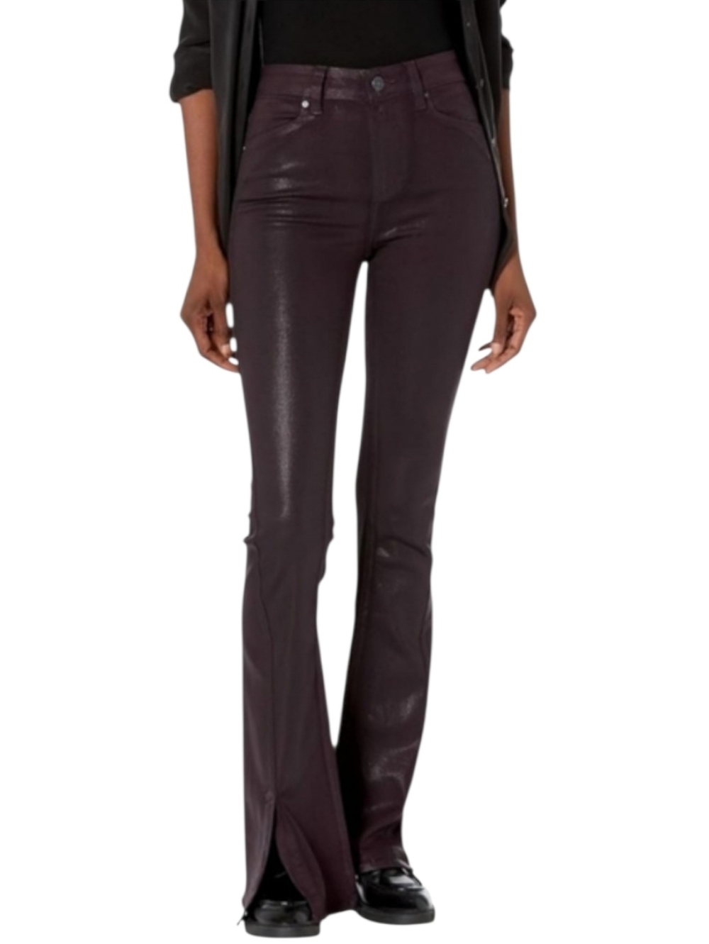 Paige HR Lou Lou Jolene Twisted Outseam Slit Jeans Black Cherry Luxe Coating - Picture 2 of 10